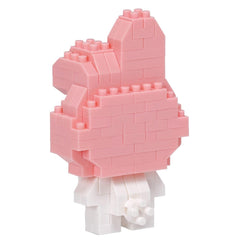 A pink and white 3D building block figure is shown against a white background.