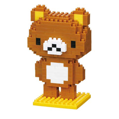 A pixelated brown bear figure made of small building blocks, standing on a yellow base.