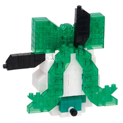 A green and white toy robot made of building blocks.