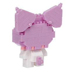 A pink and white toy figure made of small building blocks.