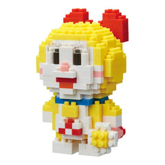 A colorful, pixelated toy figure made of small building blocks in various bright colors, including yellow, red, and white.