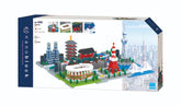 DIY nano building blocks kit box showing a Tokyo-style street scene