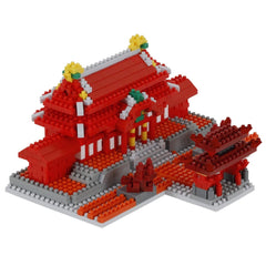 A 3D model of a red and white building made of small red and white building blocks, resembling a traditional Chinese temple or pagoda.