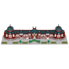 A detailed 3D model of a building, composed of numerous small bricks, showcasing intricate architectural features and design elements.