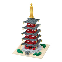 A colorful, multi-tiered building made of small, interlocking bricks, resembling a traditional Japanese pagoda or temple.