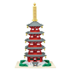 A multi-tiered pagoda-like structure made of small red and gray building blocks, with a golden spire at the top.