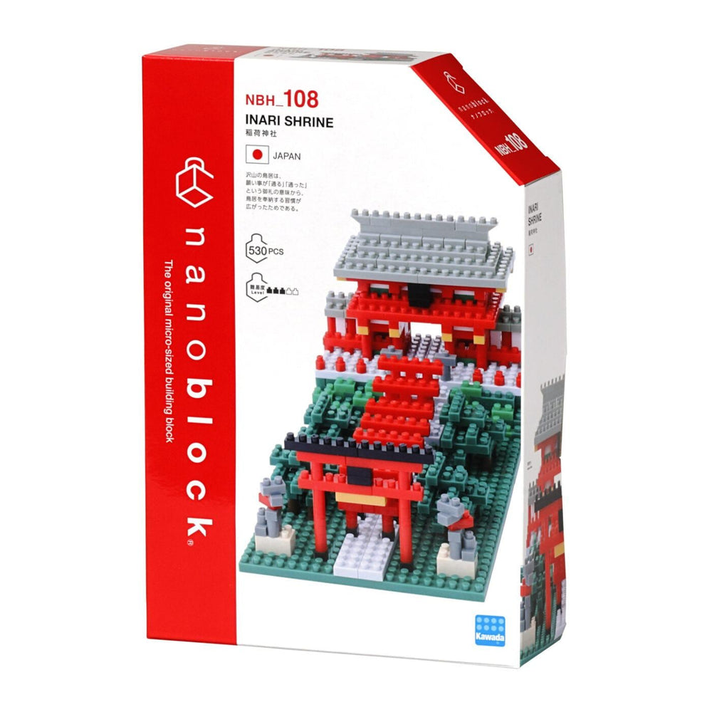 The image is a box containing a toy called the "NHB 108 Inari Shrine" made of building blocks.