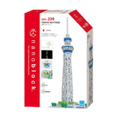 Nano building blocks kit box with a tall white and blue tower model