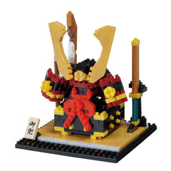 A colorful and intricate model of a traditional Japanese warrior, made up of numerous small building blocks in various colors and shapes.