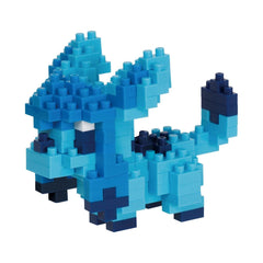 A blue and black LEGO brick dog toy is shown in the image.
