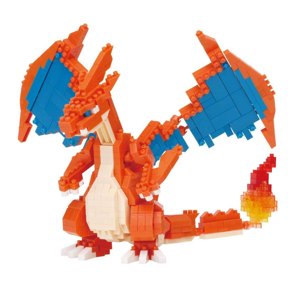A colorful and detailed LEGO model of a dragon-like creature, with orange and blue accents, wings, and a fire-breathing ability.