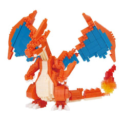 A colorful and detailed LEGO model of a dragon-like creature, with orange and blue accents, wings, and a fire-breathing ability.