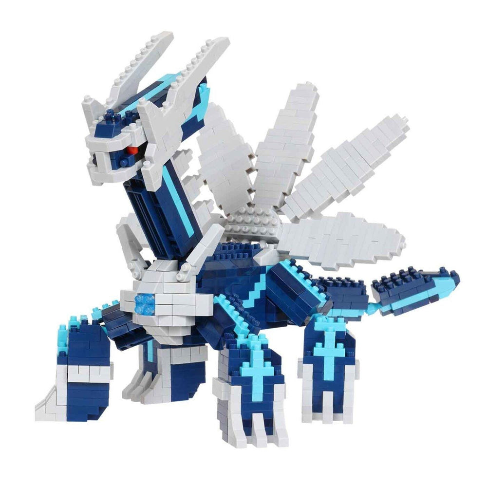 A blue and white LEGO dinosaur-like creature made up of numerous small bricks.