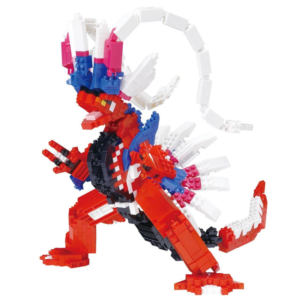 A colorful and detailed LEGO dinosaur figure made up of various blocks in red, blue, and white colors.