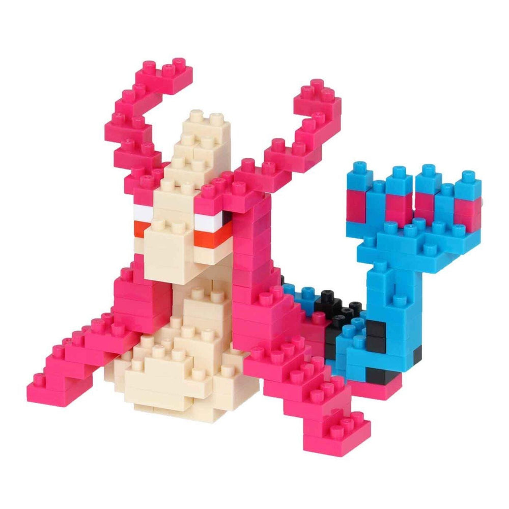 A colorful toy made of building blocks in pink, blue, and white colors.