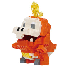 A colorful, 3D-built toy resembling a dinosaur or dinosaur-like character, made of small orange and white building blocks.