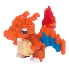 A colorful, pixelated toy resembling a Pokemon character, made up of numerous small orange and blue blocks.