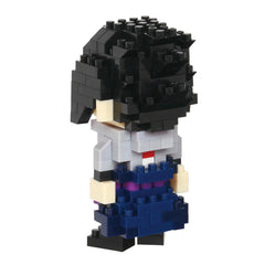 A toy figure made of small black and white building blocks, resembling a character or a doll.