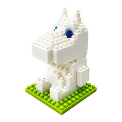 A white Lego dinosaur-shaped building made of small white Lego bricks, sitting on a green base.
