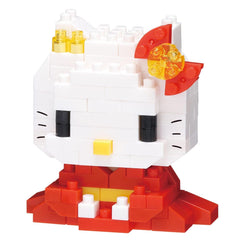 A Hello Kitty-themed building block set, featuring a white Hello Kitty head with a red bow and yellow accents, as well as red and yellow accents on the body.