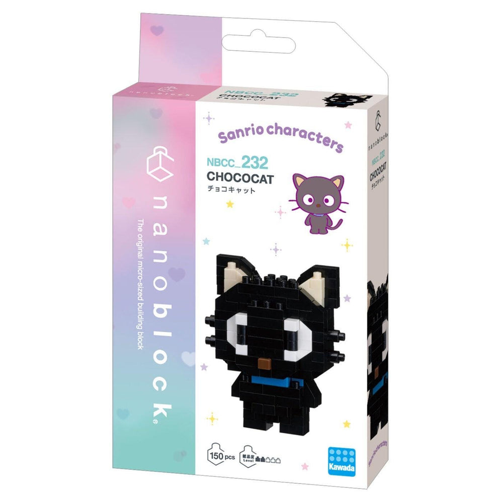 The image is a packaging box for a "nanoblock" toy, featuring a black cat character and a purple cat character.