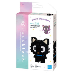 The image is a packaging box for a "nanoblock" toy, featuring a black cat character and a purple cat character.