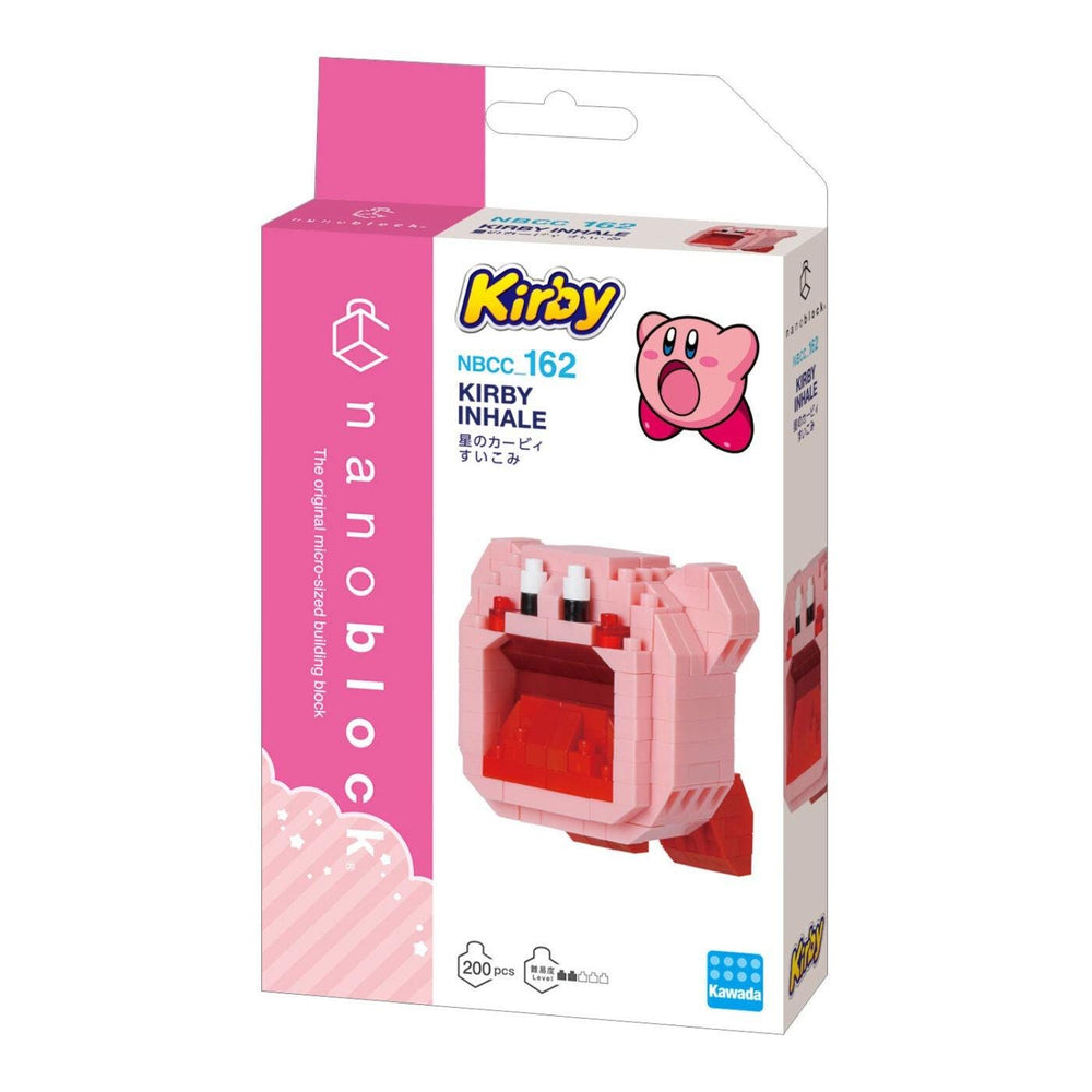 a pink and white box containing a pink and white building block set, specifically a Kirby Inhale set.