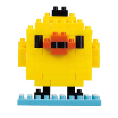 A yellow bird-shaped building block set made up of various yellow and orange blocks, with black accents.