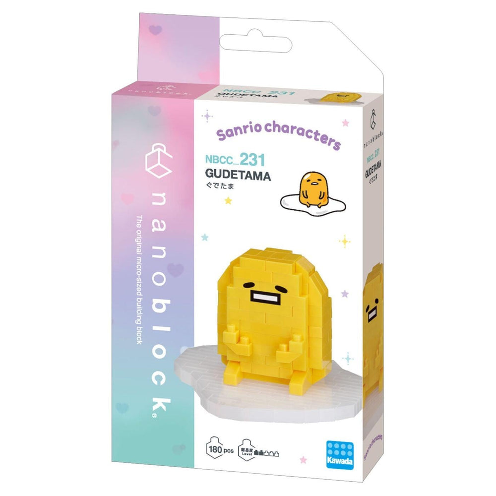 a colorful box for a toy called the "Gudetama" from the "Sanshiro characters" series. The box is designed to resemble a yellow egg with a face and a small character, likely representing Gudetama from the series.
