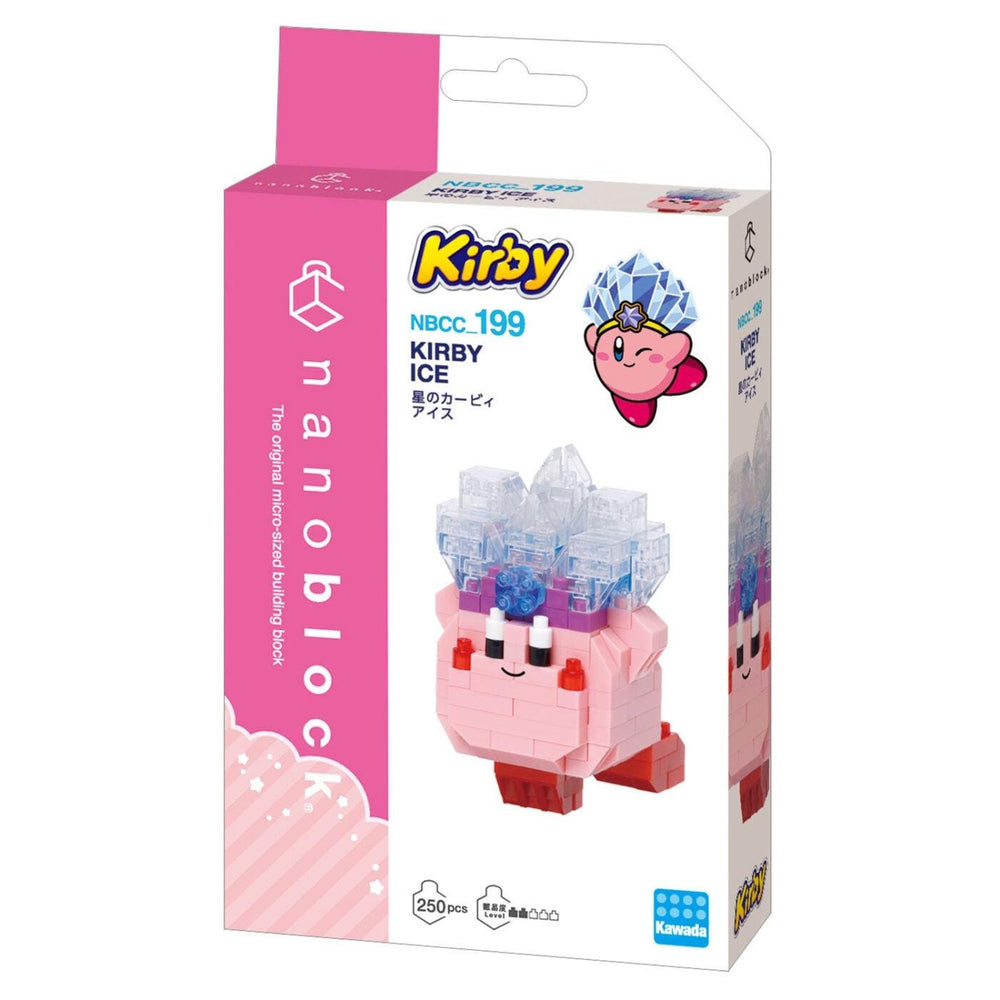 a pink and white box containing a pink and white toy, which appears to be a building block set. The box is designed to resemble a pink and white character, possibly a character from a popular video game franchise. The box is labeled with the name of the product, which is "Kirby Ice", and includes a picture of the product. The box also includes some text that provides information about the product, such as the size and the number of pieces.
