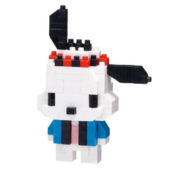 A cute, pixelated character made of building blocks in various colors, including white, black, and red.