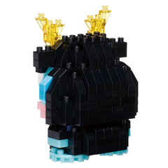 A black and blue LEGO figure with yellow spikes on top, sitting on a blue base.