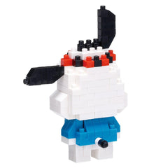 A white and blue block toy resembling a dog or rabbit, with black and red accents.