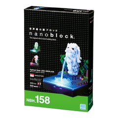 The image is a box for a product called the "Nanoblock" that is a building block designed to resemble the Singapore Merlion.