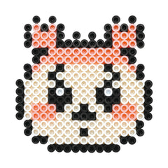 A pixelated character composed of small circular beads in various colors, including black, orange, and white, arranged to form a face-like design.