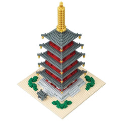 A 3D model of a Japanese pagoda made of small, colorful building blocks.