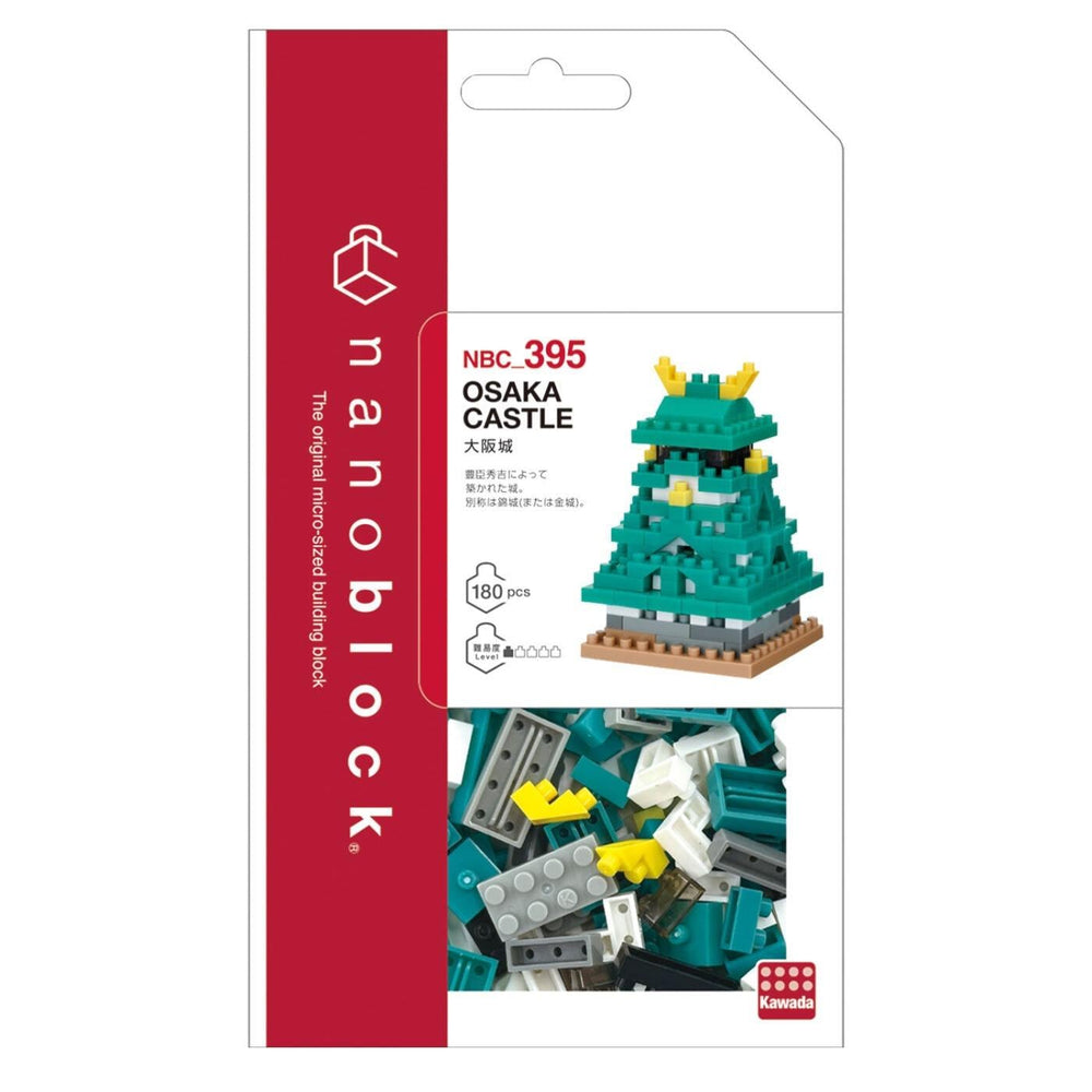 The image is a packaging for a Nano Block set, specifically the Osaka Castle set. The packaging features a red and white color scheme with the Nano Block logo prominently displayed.