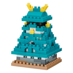 A colorful and intricate building block structure made up of various shades of blue, yellow, and gray blocks.