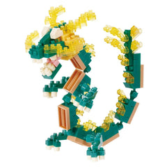 A colorful dragon-shaped building block toy made of various green and yellow blocks.