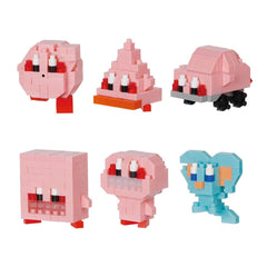 six different pink and blue pixel art characters, including a pink car, a pink cube, a pink pyramid, a pink heart, a pink robot, and a pink dinosaur.
