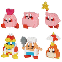 six colorful, pixelated character figurines, including a pink character with a heart-shaped headpiece, a pink character with a star-shaped headpiece, and a pink character with a red and white striped hat.