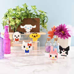 a collection of colorful, pixelated character figurines displayed on a marble countertop, surrounded by various decorative elements such as potted plants, vases, and bottles.