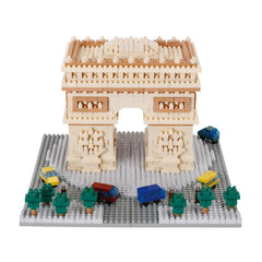 A model of the Arc de Triomphe made of Lego bricks, with various Lego vehicles and trees surrounding it.