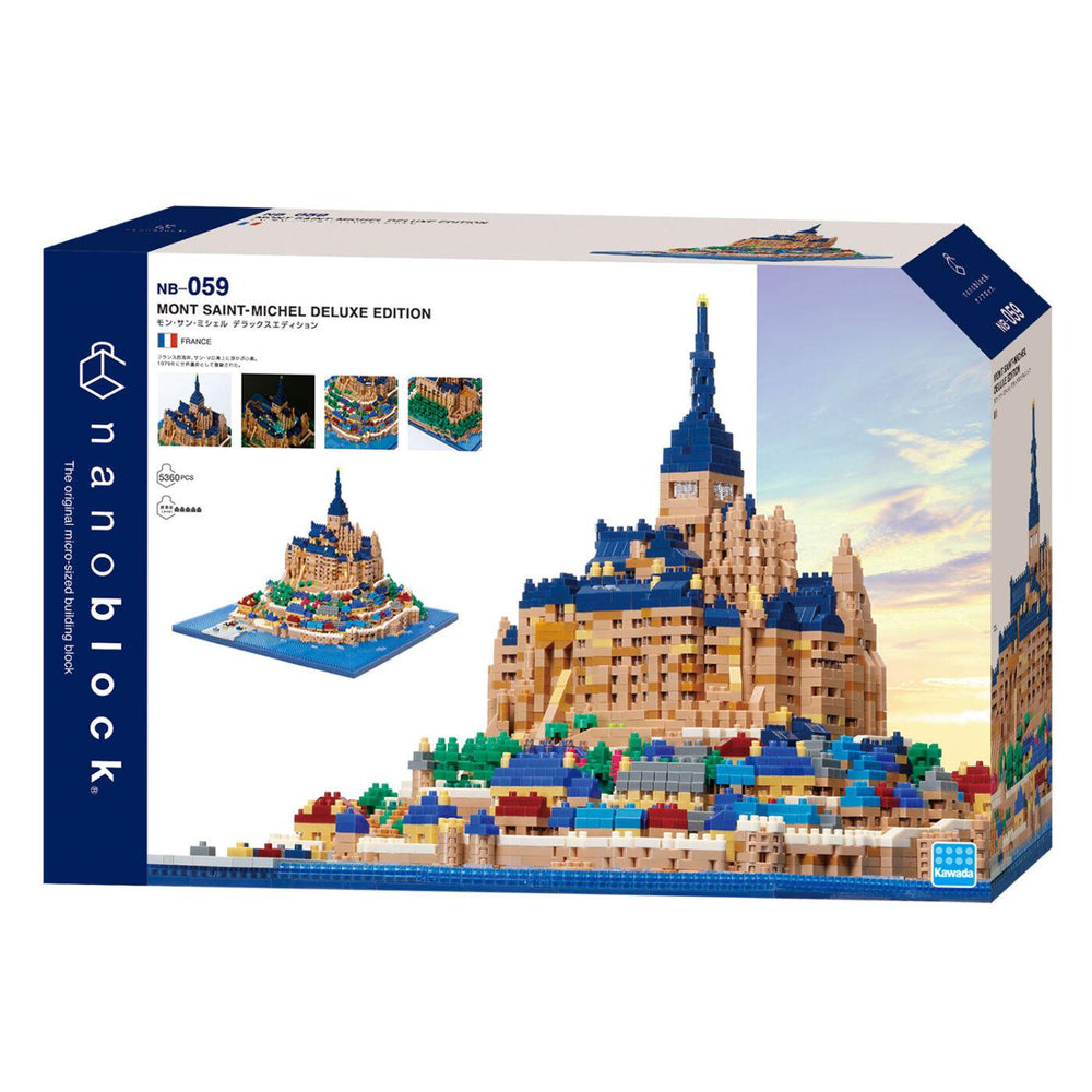 The image is a box containing a detailed model of the Mont Saint-Michel, a famous landmark in France. The box features a large photograph of the model, along with smaller images of the model, showcasing the intricate details and craftsmanship of the structure. The box is designed to be a building block set, allowing users to assemble the model according to the provided instructions.