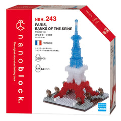 a box containing a Paris-themed building block set, specifically the "Banks of the Seine" set. The box is predominantly red and white, with the product name and details of the set prominently displayed.