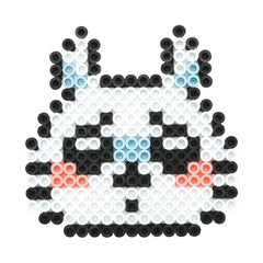 A pixelated image depicting a cute, cartoon-like rabbit or bunny character composed of small black and white beads.