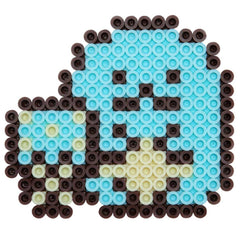A pixelated image composed of various colored beads, including shades of blue, yellow, and brown, arranged in a playful and whimsical manner.