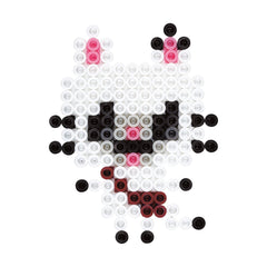 A pixelated image of a cat composed of small circles in various colors, including pink, black, and white.