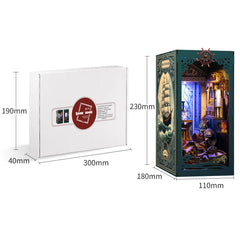 DIY ocean book nook kit box with ship graphic, shown with product dimensions