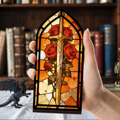 Mini arched book nook showing sword and red roses stained-glass, black frame